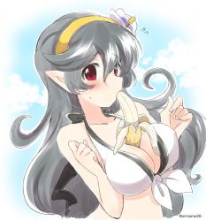 Rule 34 | 1girl, alternate color, banana, between breasts, bikini, black hair, breasts, cleavage, corrin (female) (fire emblem), corrin (female) (summer) (fire emblem), corrin (fire emblem), eating, eromame, fire emblem, fire emblem fates, fire emblem heroes, food, fruit, hairband, large breasts, long hair, nintendo, official alternate costume, pointy ears, red eyes, sexually suggestive, solo, swimsuit, twitter username, upper body, yellow hairband