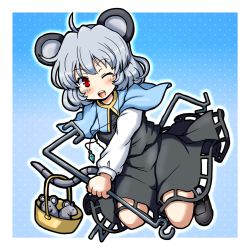 Rule 34 | 1girl, ;d, ahoge, animal ears, basket, black footwear, blue background, capelet, dowsing rod, eruru (erl), full body, grey hair, grey skirt, grey vest, highres, jewelry, long sleeves, looking at viewer, mouse, mouse ears, mouse girl, mouse tail, nazrin, one eye closed, open mouth, pendant, polka dot, polka dot background, red eyes, shoes, skirt, smile, solo, tail, touhou, vest
