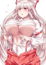 Rule 34 | 1girl, alternate breast size, bow, breasts, buttons, chest sarashi, commission, cowboy shot, flying button, fujiwara no mokou, hair bow, huge breasts, long hair, mirufui, multiple bows, open clothes, open mouth, open shirt, pants, popped button, red eyes, red pants, sarashi, shirt, simple background, skeb commission, solo, standing, suspenders, touhou, underboob, wardrobe malfunction, white background, white bow, white hair, white shirt