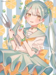 Rule 34 | 1girl, aqua hair, aqua sailor collar, aqua skirt, bracelet, breasts, choker, cowboy shot, earrings, food, fork, fruit, fruit background, hair ornament, highres, holding, holding fork, jewelry, layered skirt, leaf earrings, long hair, looking at viewer, nagomi ( nagomi ), neckerchief, open mouth, orange (fruit), orange neckerchief, orange skirt, orange slice, original, oversized object, pearl bracelet, puffy short sleeves, puffy sleeves, sailor collar, sailor shirt, shirt, short sleeves, skirt, small breasts, solo, standing, striped, striped background, twintails, twitter username, very long hair, yellow eyes