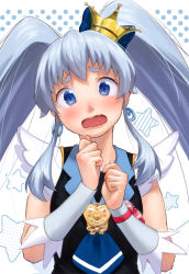 Rule 34 | 10s, 1girl, bad id, bad pixiv id, blue eyes, blue hair, blush, crown, cure princess, earrings, hair ornament, happinesscharge precure!, jewelry, kamiyama aya, long hair, looking at viewer, magical girl, matching hair/eyes, mini crown, necktie, open mouth, precure, ribbon, shirayuki hime, simple background, solo, twintails, wrist cuffs