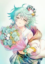 Rule 34 | 1boy, absurdres, ahoge, belt, blush, bouquet, bow, commentary request, crop top, flower, green bow, green eyes, green hair, green skirt, hair ornament, hairclip, hanaco (hanaco 1230), hat, hat pin, highres, holding, holding bouquet, holostars, jacket, kagami kira, looking at viewer, male focus, messy hair, midriff, navel, parted lips, ribbon, simple background, skirt, solo, trap, virtual youtuber, yellow ribbon
