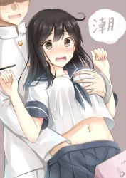 Rule 34 | 10s, 1boy, 1girl, admiral (kancolle), black hair, blush, grabbing another&#039;s breast, breasts, brown eyes, grabbing, grabbing from behind, groping, hetero, highres, kantai collection, midriff, navel, text focus, translated, tsuchikure, uniform, ushio (kancolle)