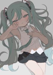 1girl absurdres aqua_eyes aqua_hair aqua_nails aqua_necktie bare_shoulders black_skirt blush collared_shirt cowboy_shot hair_ornament hakudaku half-closed_eyes hand_on_own_chest hatsune_miku highres long_hair looking_at_viewer lying necktie on_back parted_lips shade shirt skirt sleeveless sleeveless_shirt solo twintails very_long_hair vocaloid white_shirt