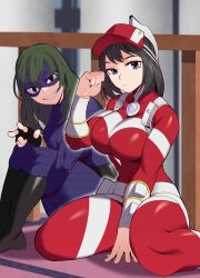Rule 34 | 2girls, absurdres, arm between legs, black eyes, black hair, blue eyes, blurry, blurry background, bodysuit, boku no hero academia, boots, breasts, closed mouth, commentary, dark green hair, domino mask, expressionless, eye mask, eyebrows visible through mask, green hair, grin, half-closed eye, hand up, highres, impossible bodysuit, impossible clothes, indoors, knees up, kodai yui, koyap, large breasts, leaning forward, long sleeves, looking at viewer, mask, medium hair, multiple girls, sitting, skin tight, smile, symbol-only commentary, tokage setsuna, v, visor cap