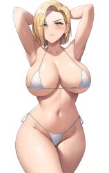 Rule 34 | 1girl, absurdres, android 18, aqua eyes, armpits, arms up, bikini, blonde hair, blush, breasts, collarbone, cowboy shot, dragon ball, dragon ball (classic), ear piercing, highres, jasony, large breasts, looking at viewer, micro bikini, navel, parted lips, piercing, short hair, side-tie bikini bottom, sideboob, simple background, solo, stomach, swimsuit, thighs, underboob, white background, white bikini