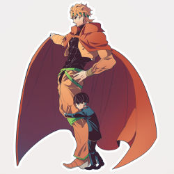Rule 34 | 2boys, abs, aged down, belt, black hair, black nails, blonde hair, blue eyes, bowl cut, cape, child, dio brando, earrings, father and son, from side, full body, giorno giovanna, green belt, hand on own hip, headband, hugging another&#039;s leg, hugging own legs, jacket, jewelry, jojo no kimyou na bouken, knee pads, male focus, multiple boys, muscular, nail polish, outline, pointy footwear, shoes, takanashi hinami, vento aureo