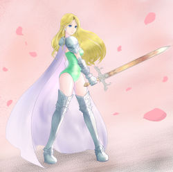 Rule 34 | 1girl, armor, armored boots, belt, blonde hair, blue eyes, boots, breasts, cape, celes chere, cloak, final fantasy, final fantasy vi, green leotard, highres, holding, holding sword, holding weapon, leotard, long hair, medium breasts, parted bangs, shoulder pads, solo, sword, tantanmi, weapon, white cape