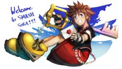 Rule 34 | 1boy, blue eyes, brown hair, disney, fingerless gloves, gloves, hood, ippers, jewelry, keyblade, kingdom hearts, kingdom hearts i, male focus, necklace, nintendo, open mouth, short hair, smash invitation, smile, solo, sora (kingdom hearts), spiked hair, square enix, super smash bros.
