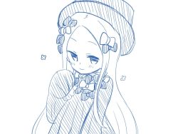 Rule 34 | 1girl, abigail williams (fate), blush, bow, fate/grand order, fate (series), greyscale, hat, long hair, long sleeves, looking at viewer, monochrome, mori goma, parted bangs, smile