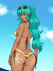 Rule 34 | 1girl, ass, beach, bikini, brazilian miku, breasts, butt crack, dark skin, hatsune miku, highres, large breasts, lipstick, long hair, makeup, ninixella, ponytail, sand, side-tie bikini bottom, swimsuit, tan, tanline