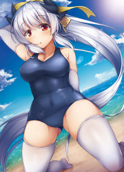 Rule 34 | 1girl, :o, arm behind back, arm behind head, arm up, bare shoulders, beach, blue one-piece swimsuit, blue sky, blush, breasts, brown eyes, cleavage, cloud, cloudy sky, collarbone, commentary request, covered navel, day, dragon girl, dragon horns, dutch angle, elbow gloves, fate/grand order, fate (series), floating hair, from below, gloves, hair between eyes, hair ornament, hair ribbon, high ponytail, highres, horns, kiyohime (fate), kiyohime (third ascension) (fate), kneeling, large breasts, lens flare, long hair, looking at viewer, no shoes, ocean, old school swimsuit, one-piece swimsuit, outdoors, ponytail, red eyes, ribbon, sand, school swimsuit, shiny clothes, sidelocks, silver hair, sky, solo, sun, swimsuit, tareme, thighhighs, thighs, very long hair, white gloves, white thighhighs, wind, yellow ribbon, yuki kawachi