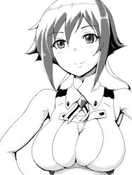 Rule 34 | 10s, 1girl, aquarion (series), aquarion evol, bad drawr id, bad id, breasts, clearite, cleavage, cleavage cutout, clothing cutout, drawr, greyscale, hair ribbon, large breasts, making-of available, monochrome, oekaki, ribbon, short hair, simple background, smile, solo, white background, zessica wong
