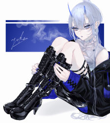 Rule 34 | 1girl, artist name, belt boots, black footwear, black jacket, blue nails, blue theme, boots, cross-laced footwear, high heel boots, high heels, highres, horns, jacket, knee boots, lace-up boots, legs together, long hair, nail polish, oni, oni horns, open clothes, open jacket, original, shirt, sitting, sleeveless, sleeveless shirt, solo, white hair, traditional youkai, yuka