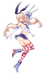 Rule 34 | 10s, 1girl, ass, bare shoulders, blonde hair, chai (yoship), elbow gloves, gloves, hair ribbon, hairband, high heels, highleg, highleg panties, kantai collection, long hair, miniskirt, panties, personification, rensouhou-chan, ribbon, sailor collar, shimakaze (kancolle), simple background, skirt, striped clothes, striped thighhighs, thighhighs, thong, underwear, white background, white gloves