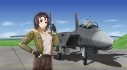 Rule 34 | 1girl, absurdres, ace combat, ace combat 6, aircraft, airplane, blue sky, bomb, bomber jacket, brown hair, brown shorts, cloud, earhart (neural cloud), explosive, f-15 eagle, fighter jet, fingerless gloves, girls&#039; frontline neural cloud, gloves, grass, green jacket, grey shirt, headset, highres, jacket, jet, looking at viewer, military, military vehicle, red eyes, runway, scarf, shirt, short shorts, shorts, sky, solo, talisman (ace combat), undercoder