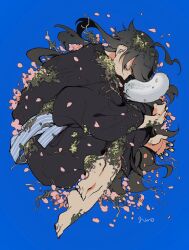 Rule 34 | 1boy, 83k gq, barefoot, black hair, black kimono, blue background, blue eyes, commentary request, creature, full body, green nails, japanese clothes, kimono, long hair, long sleeves, looking at viewer, lying, male focus, on side, original, petals, simple background, solo, wide sleeves