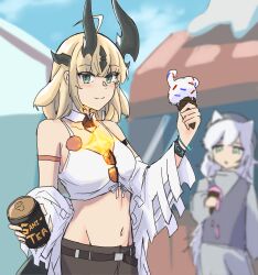 Rule 34 | 2girls, absurdres, ahoge, arknights, astrograph21, belt, black belt, blonde hair, blurry, breasts, camisole, can, commentary request, crop top, food, green eyes, highres, holding, holding can, holding food, horns, ice cream, long hair, looking at viewer, medium breasts, midriff, multiple girls, navel, official alternate costume, reed (arknights), rosmontis (arknights), smile, stomach, upper body, white hair