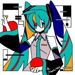 Rule 34 | 1girl, abstract, aqua eyes, aqua hair, aqua necktie, bare shoulders, black sleeves, collared shirt, colored skin, grey shirt, hair between eyes, hair ornament, halftone, hand up, hatsune miku, long hair, long sleeves, looking at viewer, machigami yoh, necktie, outside border, shirt, signature, sleeveless, sleeveless shirt, solo, twintails, upper body, vocaloid, white background, white skin, wide sleeves
