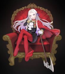 Rule 34 | 1girl, ascot, axe, black background, cape, commentary request, crossed legs, edelgard von hresvelg, fire emblem, fire emblem: three houses, forehead, garreg mach monastery uniform, gloves, hair ribbon, head rest, highres, holding, holding axe, holding weapon, iipzeyjhms0dohl, long hair, looking at viewer, nintendo, no shoes, pantyhose, purple eyes, purple ribbon, red cape, red pantyhose, ribbon, simple background, sitting, solo, throne, weapon, white ascot, white gloves, white hair