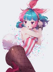 Rule 34 | animal ears, artist request, bad id, bad twitter id, blue hair, breasts, cleavage, detached collar, grey background, highres, jewelry, korean commentary, leotard, maplestory, maplestory 2, mole, mole under eye, multicolored hair, open mouth, pink eyes, pink hair, playboy bunny, rabbit ears, rabbit tail, ribbon, short hair, solo, sparkle, spikes, tail, translation request, vanilla (maplestory2)