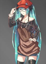 Rule 34 | 1girl, a5125924, apron, aqua hair, bad id, bad pixiv id, bespectacled, echj, glasses, hand on headwear, hand on own hip, hat, hatsune miku, jewelry, long hair, necklace, shorts, simple background, solo, thighhighs, twintails, very long hair, vocaloid