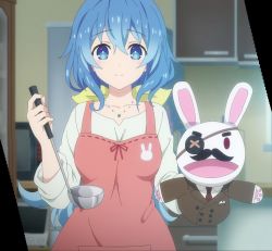 Rule 34 | 1girl, age progression, apron, blue eyes, blue hair, breasts, collarbone, date a live, hair between eyes, hand puppet, highres, large breasts, long hair, long sleeves, looking at viewer, puppet, red apron, screencap, shirt, smile, stitched, third-party edit, white shirt, yoshino (date a live), yoshinon