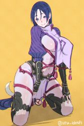 Rule 34 | 1girl, arm guards, belt, black gloves, blue eyes, breasts, closed mouth, fate/grand order, fate (series), fingerless gloves, full body, gloves, hair between eyes, highres, kneeling, large breasts, loincloth, long sleeves, minamoto no raikou (fate), navel, no legwear, toeless footwear, puffy long sleeves, puffy sleeves, purple hair, revealing clothes, sandals, shin guards, shoes, short hair, sideboob, simple background, smile, solo, stomach, tassel, thighs, toes, utu (ldnsft), yellow background