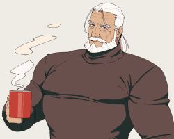 Rule 34 | 1boy, bara, beard, blue eyes, coffee mug, cup, dark-skinned male, dark skin, facial hair, highres, holding, holding cup, jp (street fighter), large pectorals, long hair, looking at viewer, male focus, mature male, mug, muscular, muscular male, mustache, old, old man, pectorals, ponytail, sa1k0p, solo, steam, street fighter, street fighter 6, thick eyebrows, thick mustache, turtleneck, white hair