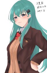 Rule 34 | 1girl, blazer, bow, bowtie, brown cardigan, brown jacket, cardigan, dated, green eyes, green hair, hair ornament, hairclip, hand on own hip, highres, jacket, kakeru 490, kantai collection, red bow, red bowtie, school uniform, simple background, solo, suzuya (kancolle), suzuya kai ni (kancolle), translation request, upper body, white background