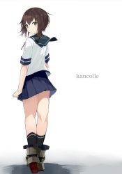 Rule 34 | 10s, 1girl, akiha (attract), bad id, bad twitter id, black eyes, brown hair, copyright name, from behind, fubuki (kancolle), full body, kantai collection, looking at viewer, looking back, school uniform, serafuku, short hair, short sleeves, skirt, smile, solo, standing, white background