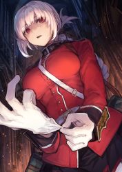 Rule 34 | 1girl, adjusting clothes, adjusting gloves, belt, braid, church, coat, fate/grand order, fate (series), florence nightingale (fate), from below, gloves, highres, indoors, mephisto (angraecum), pink hair, red coat, red eyes, solo, white gloves