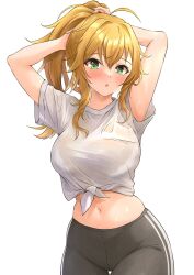Rule 34 | 1girl, absurdres, adjusting hair, ahoge, arms up, b1ack illust, black pants, blonde hair, green eyes, hands in hair, highres, hoshii miki, idolmaster, idolmaster (classic), long hair, looking at viewer, midriff, navel, open mouth, pants, ponytail, shirt, short sleeves, simple background, solo, sweat, tied shirt, tight clothes, tight pants, tying hair, white background, white shirt, yoga pants