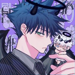 Rule 34 | 2boys, black halo, blue eyes, character name, chibi, closed mouth, commentary, dark halo, demon horns, demon wings, floral background, fushiguro megumi, fushirun rung, gojou satoru, green eyes, halo, horns, jacket, jujutsu kaisen, looking at viewer, male focus, multiple boys, necktie, one eye closed, shirt, short hair, spiked hair, symbol-only commentary, white hair, wings