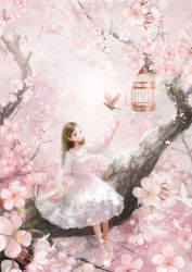 Rule 34 | 1girl, bad id, bad pixiv id, bird, birdcage, brown eyes, brown hair, cage, cherry blossoms, dress, in tree, original, pink theme, sitting, sitting in tree, smile, tree, wallacexi