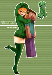Rule 34 | 1boy, 1girl, at2., blush, character name, closed eyes, copyright name, creeparka, creeper, cupa (at2.), green theme, green thighhighs, happy, hetero, highres, hood, hoodie, hug, hug from behind, minecraft, personification, smile, steve (minecraft), thighhighs
