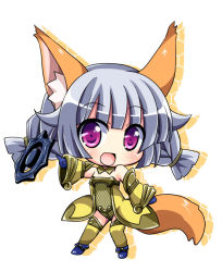 Rule 34 | 1girl, animal ears, bare shoulders, blush, chibi, detached sleeves, elin, fox ears, fox tail, gloves, looking at viewer, open mouth, purple eyes, silver hair, smile, solo, tail, tera online, thighhighs, tougo, twintails, weapon