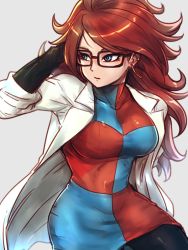 Rule 34 | 1girl, android 21, arm up, black-framed eyewear, black pantyhose, blue eyes, breasts, brown hair, checkered clothes, checkered dress, closed mouth, coat, collarbone, commentary request, cowboy shot, curly hair, detached sleeves, dragon ball, dragon ball fighterz, dress, earrings, flat color, glasses, grey background, hoop earrings, jewelry, kemachiku, lab coat, long hair, medium breasts, pantyhose, sleeveless, sleeveless dress, solo, two-tone dress, very long hair, white coat
