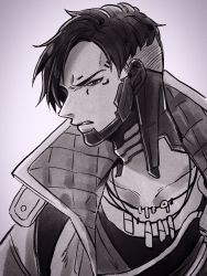 Rule 34 | 1boy, animification, apex legends, clenched teeth, collarbone, crypto (apex legends), from side, grey background, greyscale, highres, jacket, jewelry, looking at viewer, male focus, monochrome, mozuwaka, necklace, parted hair, parted lips, scowl, shirt, solo, teeth, undercut, upper body