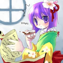 Rule 34 | 1girl, asahina, cup, female focus, flower, hair flower, hair ornament, hieda no akyuu, japanese clothes, lowres, perfect memento in strict sense, purple eyes, purple hair, scroll, solo, spill, surprised, teacup, touhou