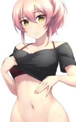 Rule 34 | 1girl, black shirt, blush, bra, breasts, clothes lift, collarbone, commentary request, crop top, crop top lift, fingernails, grey background, hair between eyes, idolmaster, idolmaster cinderella girls, jougasaki mika, large breasts, lifting own clothes, looking at viewer, medium hair, nail polish, navel, pataneet, pink hair, pink nails, ponytail, red bra, shirt, shirt lift, short sleeves, simple background, solo, stomach, underwear, upper body, wavy mouth, yellow eyes