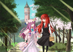 Rule 34 | 2girls, :d, armband, bat wings, black legwear, blue sky, book, bow, cherry blossoms, clock, clock tower, crescent, crescent hair ornament, day, double bun, dress, hair bow, hair bun, hair ornament, hat, hat ribbon, head wings, highres, hinami047, koakuma, light rays, long hair, long sleeves, looking at another, low wings, mob cap, mountain, multiple girls, necktie, open mouth, outdoors, pantyhose, patchouli knowledge, path, picnic basket, purple eyes, purple hair, red eyes, red hair, ribbon, road, robe, scarlet devil mansion, shade, sidelocks, skirt, sky, smile, striped clothes, striped dress, sunbeam, sunlight, touhou, tower, tree, vest, wings