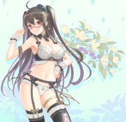 Rule 34 | 1girl, ahoge, anchor earrings, anchor symbol, azur lane, beret, black hair, black thighhighs, bra, breasts, brown ribbon, character name, commentary request, detached collar, earrings, floral background, garter belt, hand on own hip, hat, highres, jewelry, lingerie, london (azur lane), london (retrofit) (azur lane), long hair, looking at viewer, medium breasts, mini hat, nanam (nanam sk), navel, panties, red-framed eyewear, red eyes, ribbon, semi-rimless eyewear, solo, standing, thighhighs, two side up, under-rim eyewear, underwear, underwear only, white panties, wrist cuffs