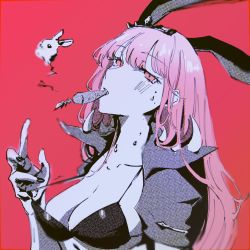 Rule 34 | 1girl, bikini, bikini pull, breasts, cape, carrot, cleavage, clothes pull, collarbone, food in mouth, head tilt, highres, hololive, hololive english, long hair, looking at viewer, mori calliope, nail polish, pink eyes, pink hair, rabbit, red background, set7, solo, spikes, spot color, sweatdrop, swimsuit, virtual youtuber