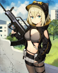 Rule 34 | 1girl, animal ears, animal hat, assault rifle, belt, between breasts, black gloves, black hat, black jacket, blonde hair, blue eyes, blue sky, blush, breasts, building, bullpup, cat ears, cat hat, cleavage, cloud, cloudy sky, commentary request, cowboy shot, day, fingerless gloves, fingernails, gloves, gun, hair between eyes, hat, highres, holding, holding gun, holding weapon, jacket, kitada mo, large breasts, long sleeves, looking at viewer, microskirt, navel, original, outdoors, pantyhose, parted lips, pleated skirt, puffy long sleeves, puffy sleeves, revealing clothes, rifle, skirt, sky, solo, standing, strap between breasts, trigger discipline, weapon