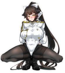 Rule 34 | 1girl, arms behind back, azur lane, black hair, blush, breasts, covered navel, gggg, hair ears, highres, large breasts, long hair, looking to the side, ponytail, solo, squatting, takao (azur lane), thighs, uniform, very long hair, yellow eyes