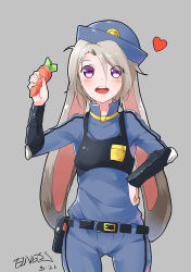 Rule 34 | 1girl, animal ears, belt, blush, rabbit ears, cowboy shot, disney, einess, grey background, grey hair, hair between eyes, hand on own hip, heart, judy hopps, looking at viewer, open mouth, personification, police, police uniform, policewoman, purple eyes, short hair, smile, uniform, zootopia