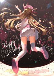 Rule 34 | 1girl, akamizuki (akmzk), apron, balloon, bandages, birthday sash, bloomers, concert, confetti, dated, fisheye, from behind, full body, glowstick, hair ornament, happy birthday, hat, highres, holding, holding microphone, jumping, light brown hair, long hair, microphone, natori sana, nurse cap, penlight (glowstick), pink apron, pink footwear, pink hat, puffy short sleeves, puffy sleeves, rabbit hair ornament, sana channel, sash, short sleeves, solo, stage, thighhighs, two side up, underwear, virtual youtuber, white thighhighs