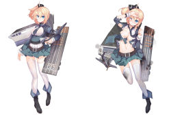 Rule 34 | 1girl, aircraft carrier, belt, blonde hair, blue eyes, bogue (warship girls r), breasts, damaged, framed breasts, large breasts, looking at viewer, mecha musume, military, military vehicle, necktie, official art, personification, pleated skirt, rain lan, ship, short hair, side ponytail, skirt, thighhighs, torn clothes, warship, warship girls r, watercraft, white thighhighs
