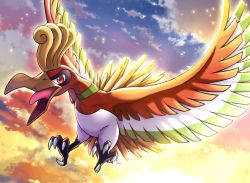 Rule 34 | animal focus, bird, cloud, commentary request, creatures (company), flying, game freak, gen 2 pokemon, ho-oh, legendary pokemon, looking at viewer, nintendo, no humans, open mouth, outdoors, pokemon, pokemon (creature), red eyes, sky, solo, talons, tongue, vorupi